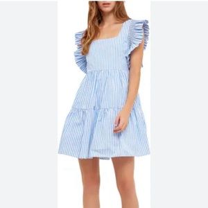 English Factory stripe square neck a-line dress, blue white stripe, size small